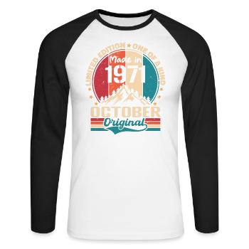 Oktober 1971 Geburtstagsgeschenk 1971 Oktober - Unisex Baseballshirt langarm - Weiß/Schwarz - Vorne - Nik (191cm)