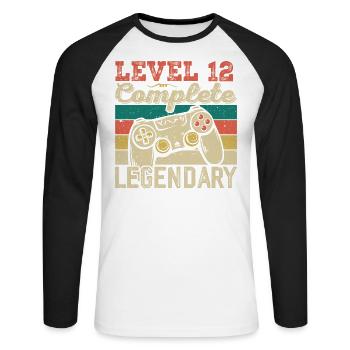 Level 12 Complete, 12 Year Old Birthday Gift - Unisex Long Sleeve Baseball T-Shirt - white/black - Front - Nik (191cm)