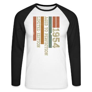 1954 Vintage Retro Geburtstagsgeschenk Geboren 1954 - Unisex Baseballshirt langarm - Weiß/Schwarz - Vorne - Nik (191cm)