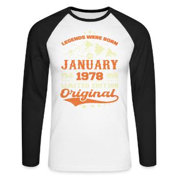 Legendary Since January 1978 Vintage Retro 1978 - Unisex Long Sleeve Baseball T-Shirt - white/black - Front - Nik (191cm)