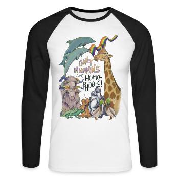 « Seuls les humains sont homophobes » Pride Animals - T-shirt baseball manches longues Homme - blanc/noir - Devant - Nik (191cm)