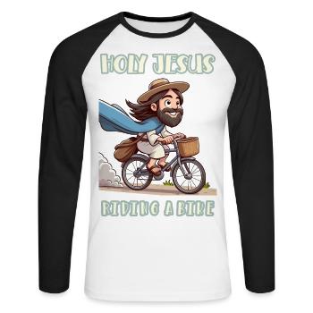 Holy Jesus riding a bike - Unisex Long Sleeve Baseball T-Shirt - white/black - Front - Nik (191cm)