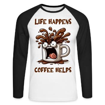 La vie arrive, le café aide - T-shirt baseball manches longues Homme - blanc/noir - Devant - Nik (191cm)