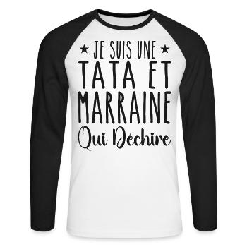Je Suis Une Tata et Marraine Qui Déchire - T-shirt baseball manches longues Homme - blanc/noir - Devant - Nik (191cm)