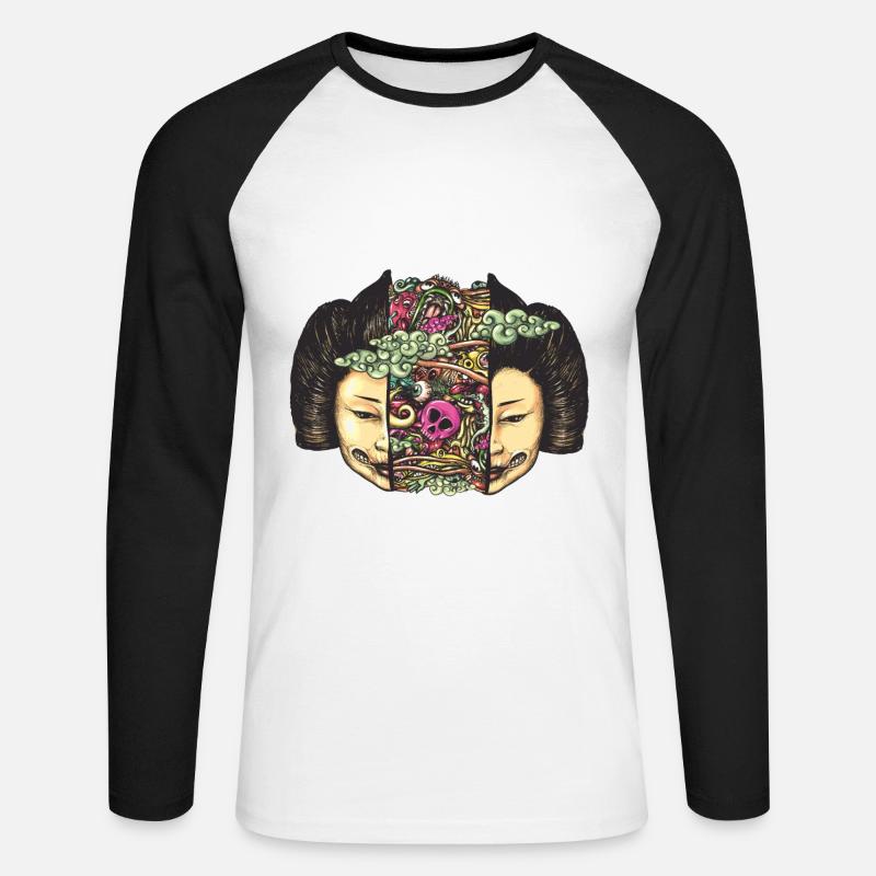 Aufgeteilter Kopf Gueisha Doodle - Unisex Baseballshirt langarm - Weiß/Schwarz