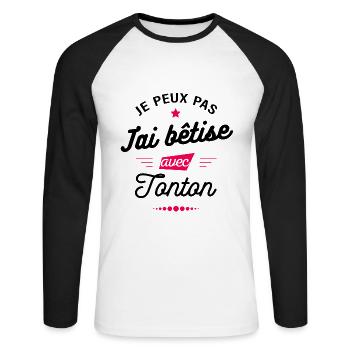 JE PEUX PAS J'AI BETISE AVEC TONTON - T-shirt baseball manches longues Homme - blanc/noir - Devant - Nik (191cm)