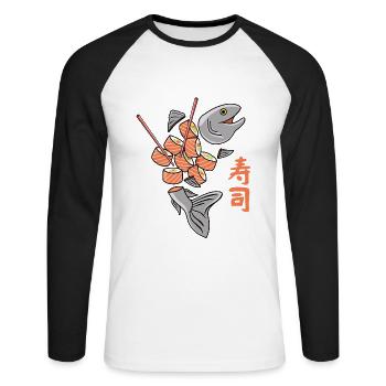 Salmon Sushi - Unisex Long Sleeve Baseball T-Shirt - white/black - Front - Nik (191cm)