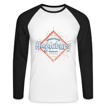Magdeburg Deutschland Stadt Skyline Heimat Liebe - Unisex Baseballshirt langarm - Weiß/Schwarz - Vorne - Nik (191cm)
