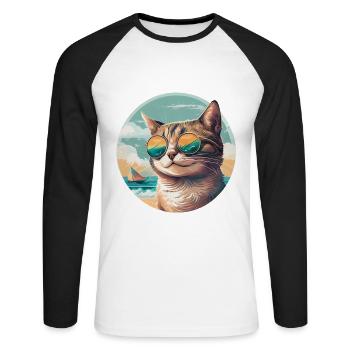 Chat sur la plage avec lunettes de soleil et voilier - T-shirt baseball manches longues Homme - blanc/noir - Devant - Nik (191cm)