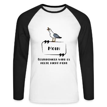 Moin - schreiende Möwe Schrift lustig norddeutsch - Unisex Baseballshirt langarm - Weiß/Schwarz - Vorne - Nik (191cm)