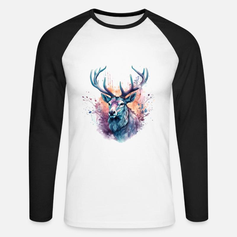 Hirsch Bunt Aquarell - Unisex Baseballshirt langarm - Weiß/Schwarz