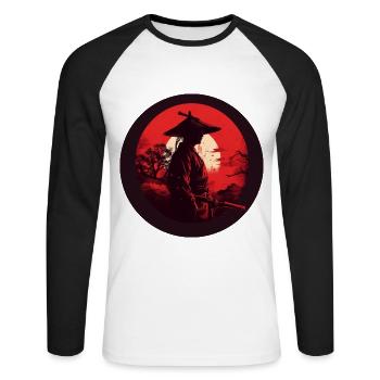 Samurai mit Schwert Katana rote Sonne Silhouette - Unisex Baseballshirt langarm - Weiß/Schwarz - Vorne - Nik (191cm)