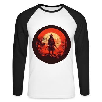 Japanischer Krieger Samurai vor roter Sonne Japan - Unisex Baseballshirt langarm - Weiß/Schwarz - Vorne - Nik (191cm)