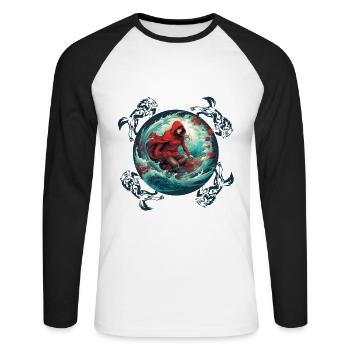 Le Petit Chaperon Rouge surfant sur planche de surf, loup sur vague - T-shirt baseball manches longues Homme - blanc/noir - Devant - Nik (191cm)