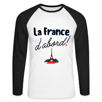 La France d'abord - T-shirt baseball manches longues Homme - blanc/noir - Devant - Nik (191cm)
