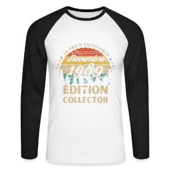 34 ans Novembre 1989 édition collector - T-shirt baseball manches longues Homme - blanc/noir - Devant - Nik (191cm)
