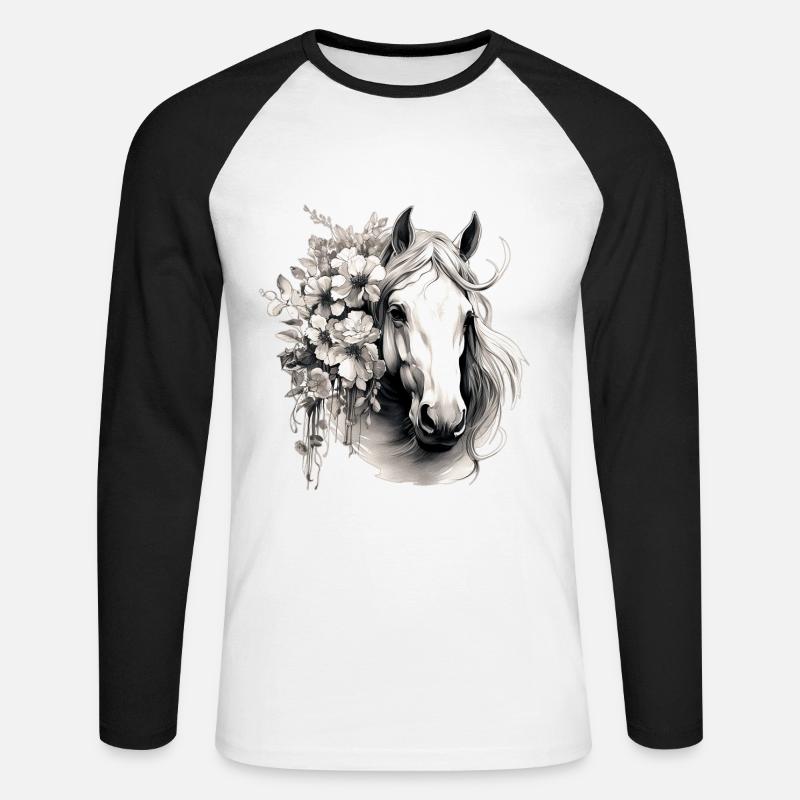Pferd mit Blumen - Unisex Baseballshirt langarm - Weiß/Schwarz