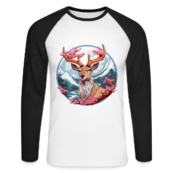 japanischer Sikahirsch im Anime Stil - Unisex Baseballshirt langarm - Weiß/Schwarz - Vorne - Nik (191cm)