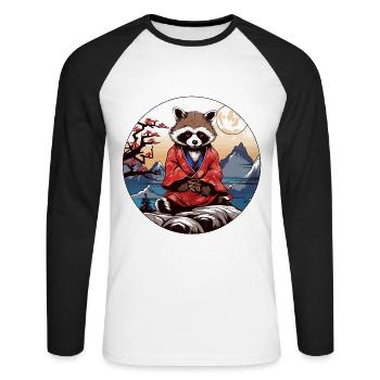 Japan Tanuki / Raccoon in Anime Style - Unisex Long Sleeve Baseball T-Shirt - white/black - Front - Nik (191cm)