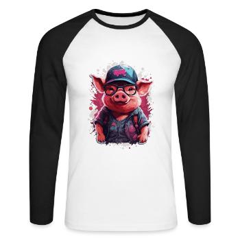 Culting de cochon mignon en casquette de baseball et lunettes de soleil - T-shirt baseball manches longues Homme - blanc/noir - Devant - Nik (191cm)