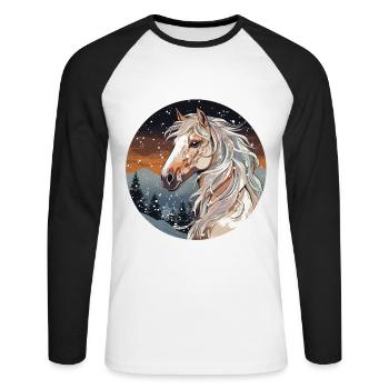 Pferd im Winter - Unisex Baseballshirt langarm - Weiß/Schwarz - Vorne - Nik (191cm)