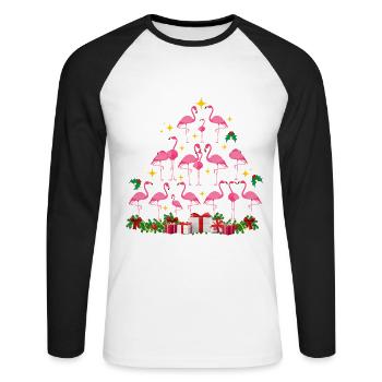 Flamant rose Noël. Cadeau de Noël - T-shirt baseball manches longues Homme - blanc/noir - Devant - Nik (191cm)