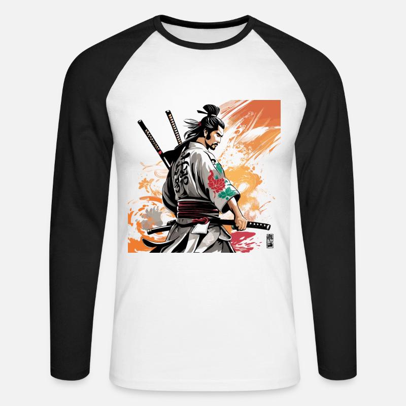 Samurai mit Schwertergrafik - Unisex Baseballshirt langarm - Weiß/Schwarz