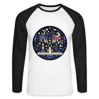 Mystical Night City in the Cosmos - Unisex Long Sleeve Baseball T-Shirt - white/black - Front - Nik (191cm)