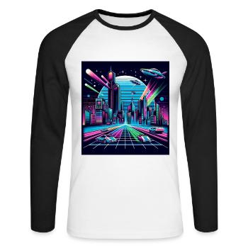 Synthwave City with UFOs - Unisex Long Sleeve Baseball T-Shirt - white/black - Front - Nik (191cm)