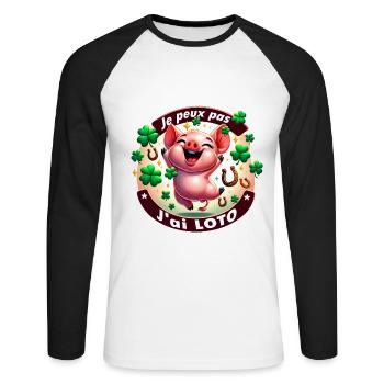 Je peux pas j'ai loto, cochon - T-shirt baseball manches longues Homme - blanc/noir - Devant - Nik (191cm)