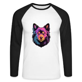 Schipperke chien race aquarelle dessin animé Kawaii Col - T-shirt baseball manches longues Homme - blanc/noir - Devant - Nik (191cm)