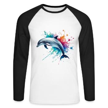 Dauphin vibrant en aquarelle ,océan - T-shirt baseball manches longues Homme - blanc/noir - Devant - Nik (191cm)