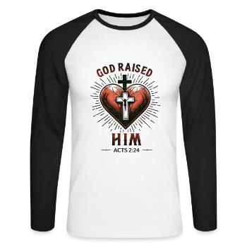 Messages de la Bible : Dieu l’a élevé - T-shirt baseball manches longues Homme - blanc/noir - Devant - Nik (191cm)