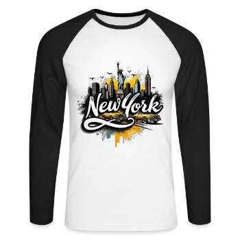 New York – Skyline, Statue de la Liberté et taxis - T-shirt baseball manches longues Homme - blanc/noir - Devant - Nik (191cm)