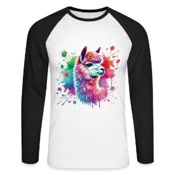 Lama, Alpaka Aquarell - Unisex Baseballshirt langarm - Weiß/Schwarz - Vorne - Nik (191cm)