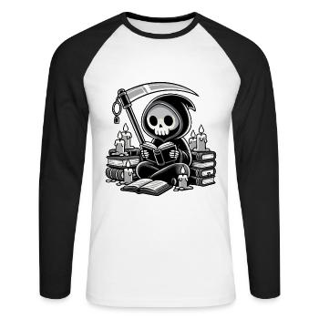 Grim Reaper Bookworm with Scythe - Unisex Long Sleeve Baseball T-Shirt - white/black - Front - Nik (191cm)