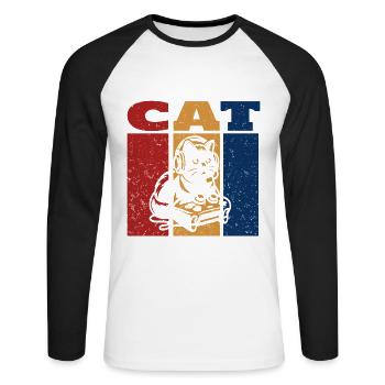 Le design rétro du chat gamer - T-shirt baseball manches longues Homme - blanc/noir - Devant - Nik (191cm)