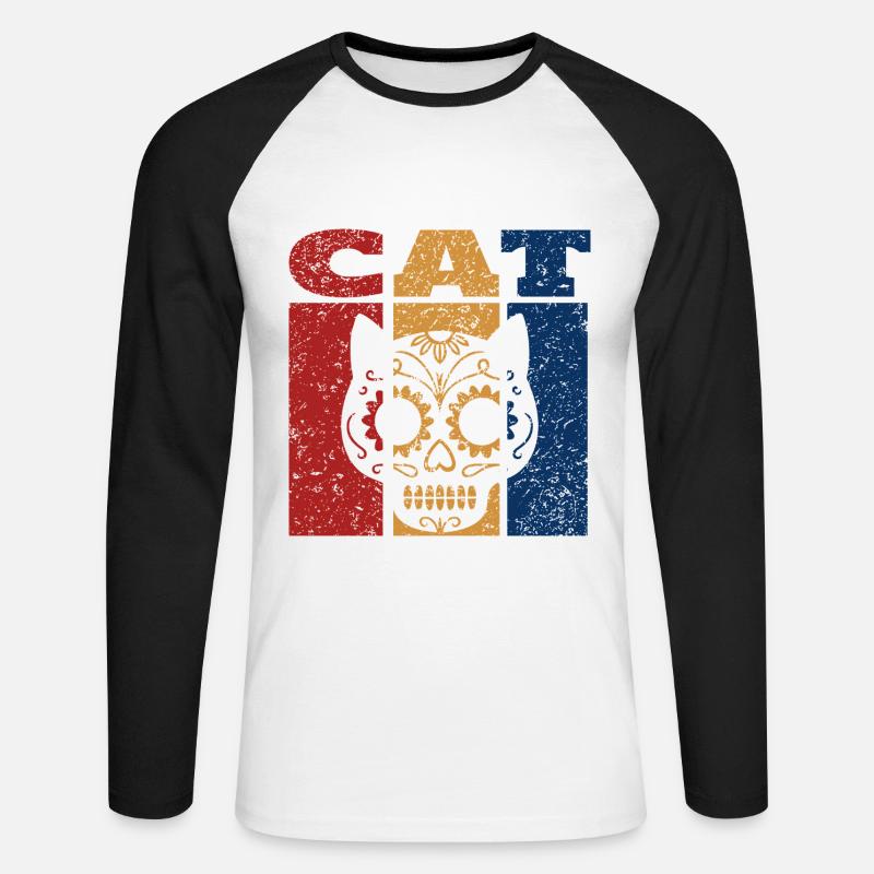 Sugar Skull Katze Retro Design - Unisex Baseballshirt langarm - Weiß/Schwarz