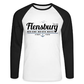 Flensburg - meine Heimat, mein Hafen, mein Kiez - Unisex Baseballshirt langarm - Weiß/Schwarz - Vorne - Nik (191cm)