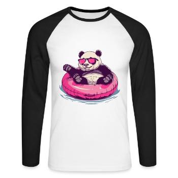 Panda mit Sonnenbrille im pinken Schwimmreifen - Unisex Baseballshirt langarm - Weiß/Schwarz - Vorne - Nik (191cm)
