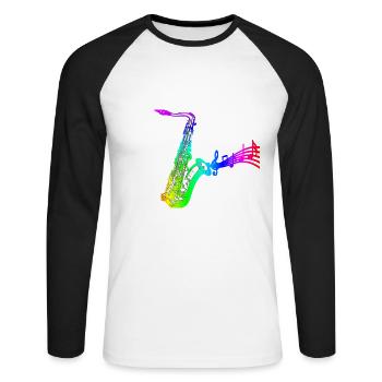 saxophon mit Noten bunt - Unisex Baseballshirt langarm - Weiß/Schwarz - Vorne - Nik (191cm)