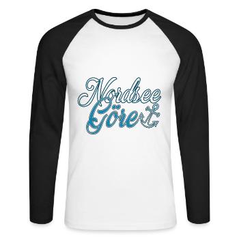 Nordseegöre Schriftzug | Yolo-Artwork - Unisex Baseballshirt langarm - Weiß/Schwarz - Vorne - Nik (191cm)