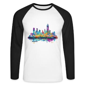 Bangkok Thailand Skyline Stadt Asien Neon Bunt - Unisex Baseballshirt langarm - Weiß/Schwarz - Vorne - Nik (191cm)