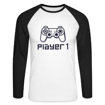 Joueur 1 Contrôleur de jeu PS - T-shirt baseball manches longues Homme - blanc/noir - Devant - Nik (191cm)