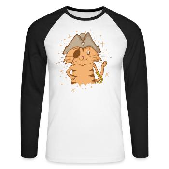 Pirate chat avec chapeau de pirate crochet - T-shirt baseball manches longues Homme - blanc/noir - Devant - Nik (191cm)