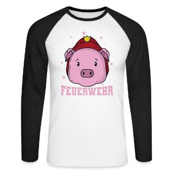 Feuerwehr Schwein mit Feuerwehrhelm - Unisex Baseballshirt langarm - Weiß/Schwarz - Vorne - Nik (191cm)