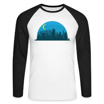Skyline bei Nacht Gebäude Stadt Silhouette - Unisex Baseballshirt langarm - Weiß/Schwarz - Vorne - Nik (191cm)