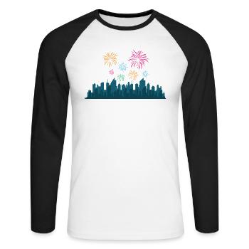 Skyline zu Silvester und Neujahr Gebäude Stadt - Unisex Baseballshirt langarm - Weiß/Schwarz - Vorne - Nik (191cm)
