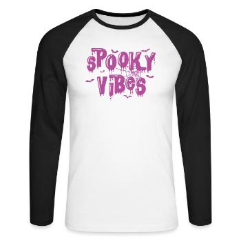 Spooky Vibes Halloween Fantôme personnalisé - T-shirt baseball manches longues Homme - blanc/noir - Devant - Nik (191cm)