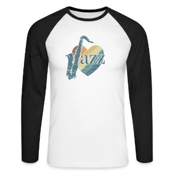 Jazz mit Saxophone und Herz Saxophon - Unisex Baseballshirt langarm - Weiß/Schwarz - Vorne - Nik (191cm)